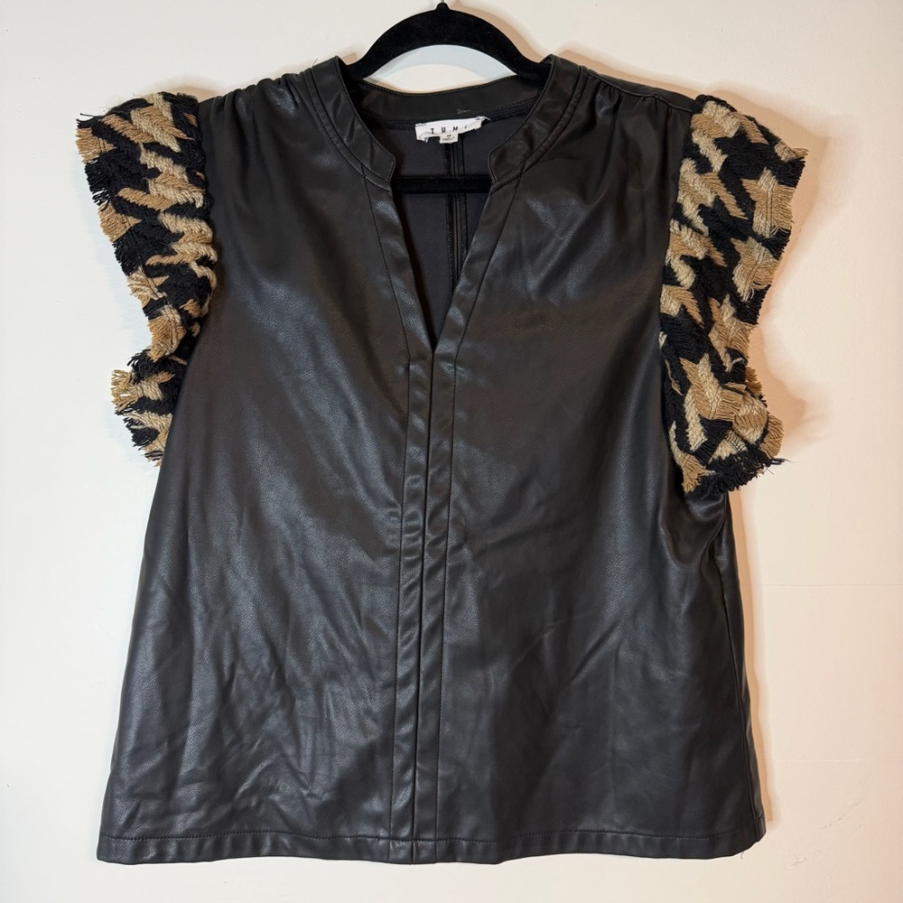 THML Black Faux Leather Top with Patterned Sleeves